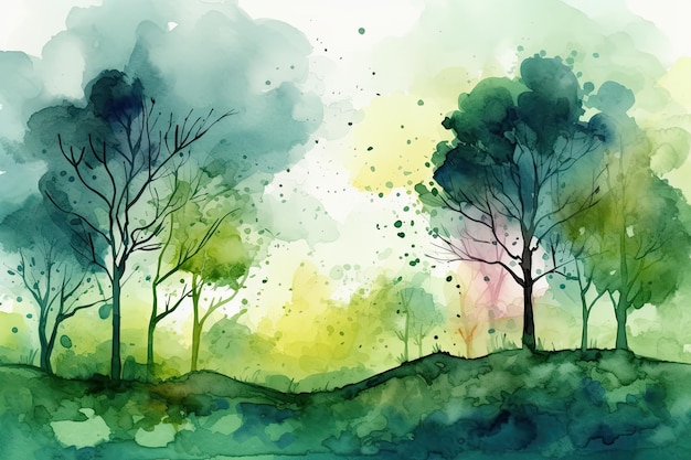 Adorable illustration à l'aquarelle La scène de la forêt amorphe de la faune de la forêt a répété la bordure horizontale