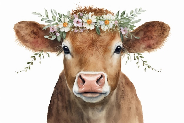 Adorable illustration à l'aquarelle d'une vache brune portant une couronne de fleurs