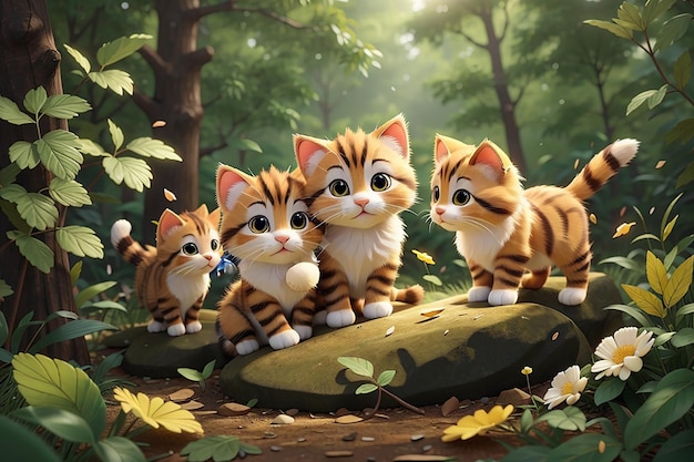 L'adorable illustration de chatons jouant dans la forêt