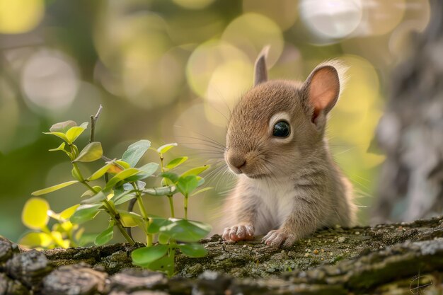 Un adorable jeune écureuil regardant curieusement de derrière un arbre dans la faune forestière parsemée de soleil