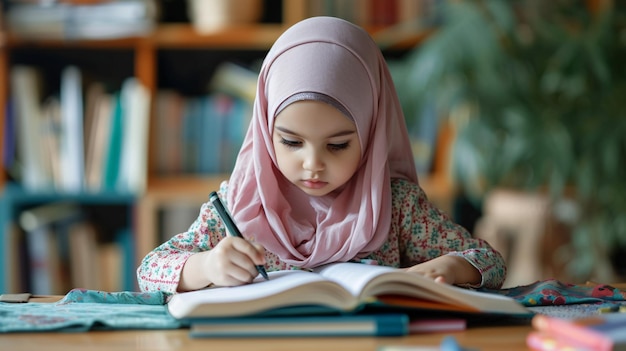 Adorable jeune enfant musulman étudiant et lisant pratiquant les compétences d'alphabétisation à la maison Jeune imaginatif