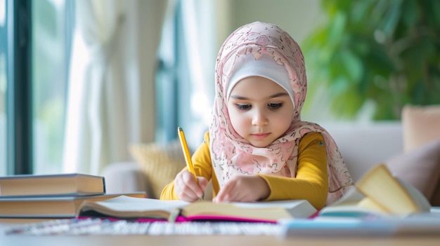 Une adorable jeune fille musulmane qui étudie, lit, écrit et explore sa créativité en tant qu'enfant d'âge préscolaire à la maison.