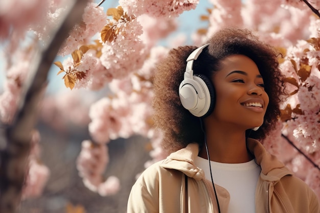 Adorable jolie fille afro-américaine porter des vêtements à la mode écouter de la musique marcher seul dans le parc printemps temps week-end voyage à l'extérieur