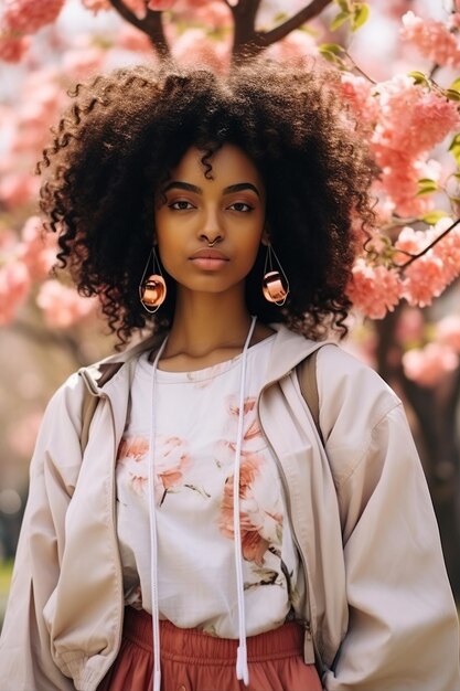 Adorable jolie fille afro-américaine porter des vêtements à la mode écouter de la musique marcher seul dans le parc printemps temps week-end voyage à l'extérieur