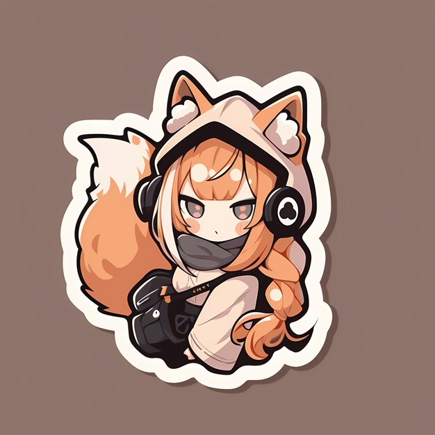 Adorable Kawaii Illustrated Chibi Anime Fox Girl Vector Art Sticker avec une ligne audacieuse et une jolie jolie