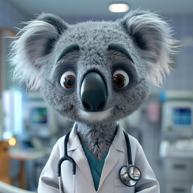 Un adorable koala dans une tenue de docteur avec un stéthoscope autour du cou dans un brillant contemporain