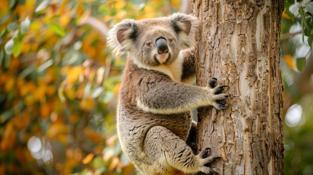 L'adorable koala s'accroche à un arbre dans une forêt australienne luxuriante aux feuilles vertes vives en arrière-plan