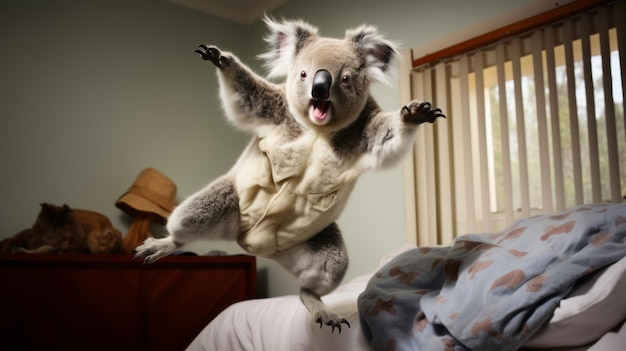 Adorable Koala sautant sur les draps mignon et ludique Koala