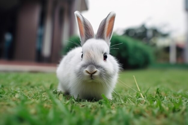 Adorable lapin blanc sur une herbe verte concept de Pâques IA générative