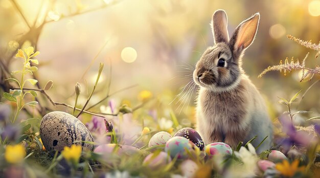 Un adorable lapin est assis avec des œufs de Pâques colorés nichés dans des fleurs de printemps à l'heure d'or