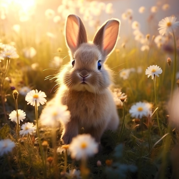 Adorable lapin gris réaliste sur l'herbe entouré de fleurs