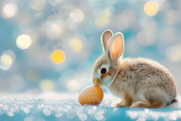 Adorable lapin avec un œuf doré sur un fond bleu étincelant un symbole du printemps et de nouveaux commencements charmante scène capricieuse pour les occasions festives AI