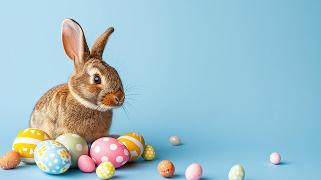 Adorable lapin avec des œufs de Pâques sur une carte de fond bleu