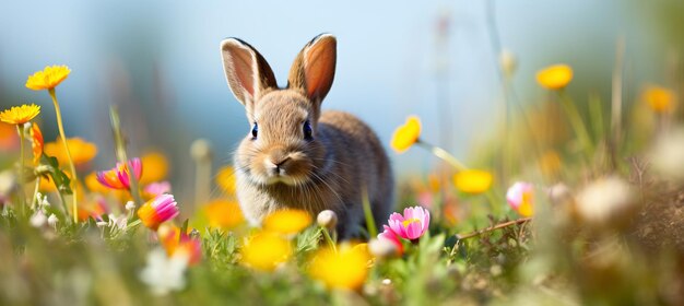 Adorable lapin avec des œufs de Pâques dans une prairie fleurie entourée de couleurs brillantes du printemps