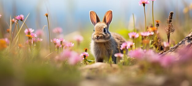 Adorable lapin avec des œufs de Pâques dans une prairie fleurie image de printemps lumineuse avec espace de copie