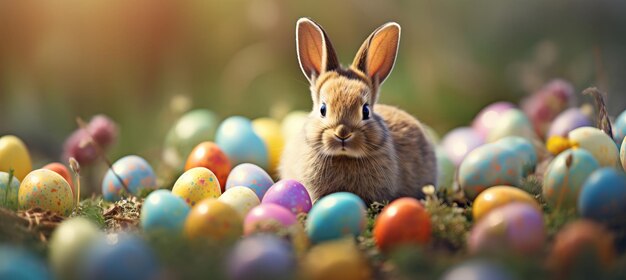 Adorable lapin avec des œufs de Pâques dans le pré fleuri couleurs de printemps brillantes sur un fond flou