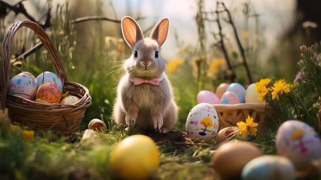 adorable lapin de Pâques assis dans l'herbe dans des œufs colorés concept de Pâque