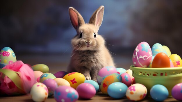 adorable lapin de Pâques assis dans le jardin dans des œufs colorés