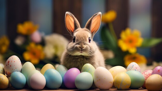 adorable lapin de Pâques assis entre des œufs colorés