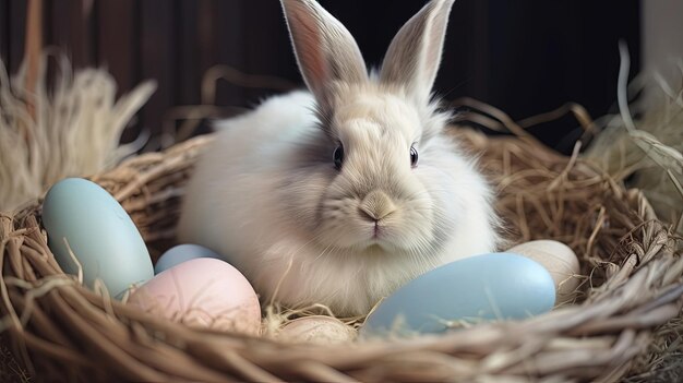 Adorable lapin de Pâques dans un nid coloré avec des oeufs de Pâques pastel