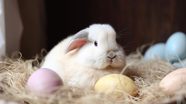 Adorable lapin de Pâques dans un nid d'oeufs aux couleurs pastel