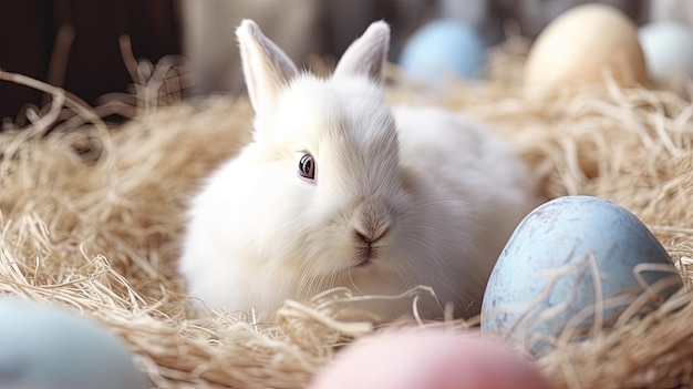 Adorable lapin de Pâques dans un nid d'oeufs aux couleurs pastel