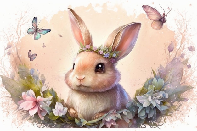 Adorable lapin de Pâques dans le style féerique Illustration générative AI