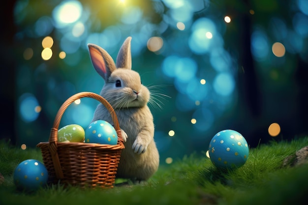 Adorable lapin de Pâques avec œuf décoratif dans un panier au milieu des verts de printemps IA générative