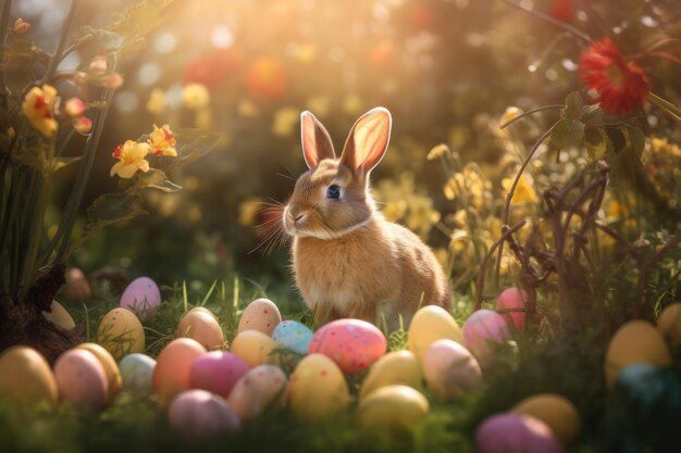 Adorable lapin de Pâques avec des oeufs de Pâques dans un pré fleuri sous un doux soleil doréxAxAxAxAAdorable lapin avec des oeufs de Pâques dans un pré fleuri sous un doux soleil doréxAxAxAxA