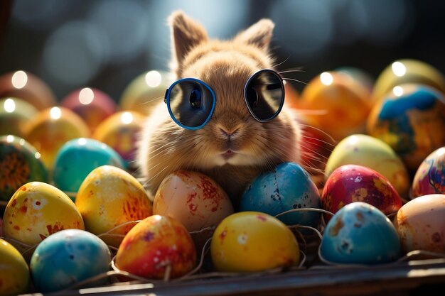 Adorable lapin de Pâques portant des lunettes de soleil regardant l'IA générative