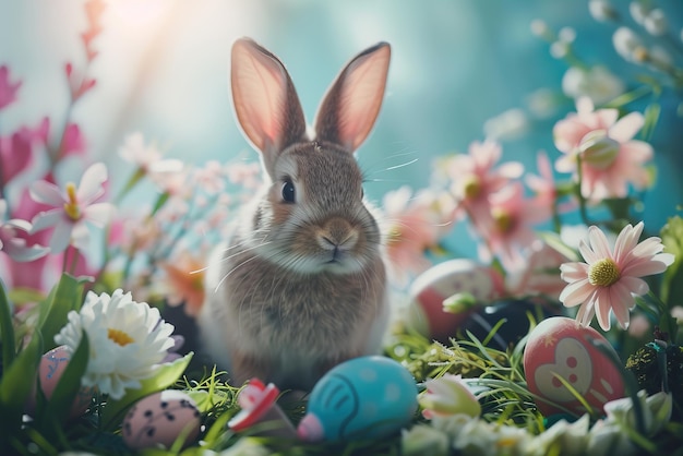 Adorable lapin parmi les fleurs de printemps et les œufs de Pâques peints une scène festive pleine de couleurs