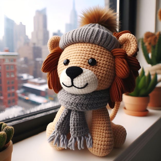 Adorable lion amigurumi en tenue d'hiver perché sur le rebord de la fenêtre rempli de plantes