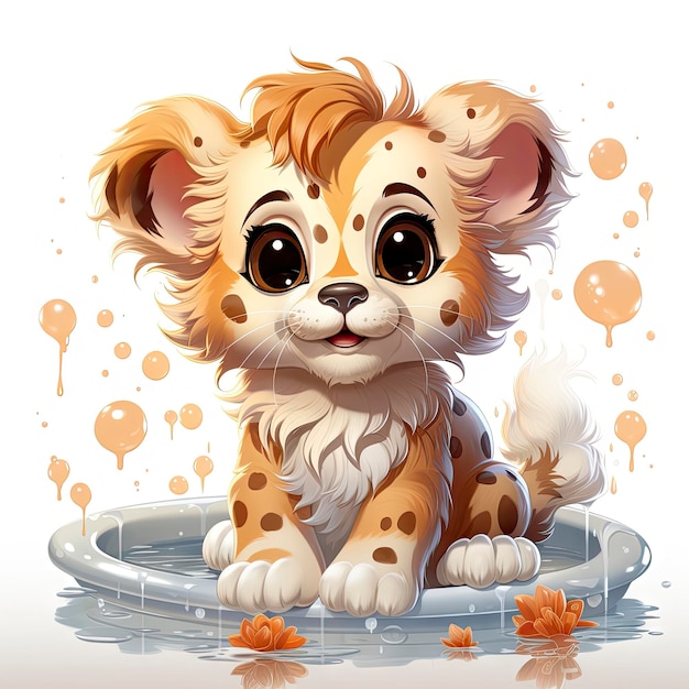 Adorable lionceau illustré prenant un bain bouillonnant montrant l'innocence ludique et les détails vibrants