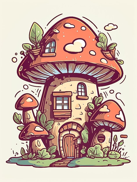 Adorable maison champignon design plat dans les montagnes générée par l'IA