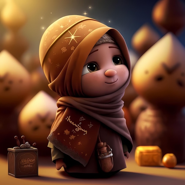 Adorable et mignon personnage de dessin animé d'enfants musulmans rendu 3D