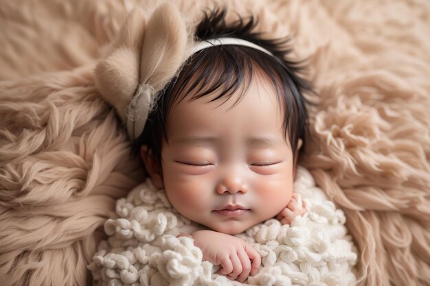 un adorable nouveau-né asiatique qui dort sur un tissu à fourrure
