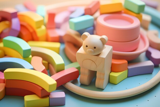 Adorable ours en bois jouet assis sur une pile colorée de blocs pour l'apprentissage ludique et l'amusement génératif