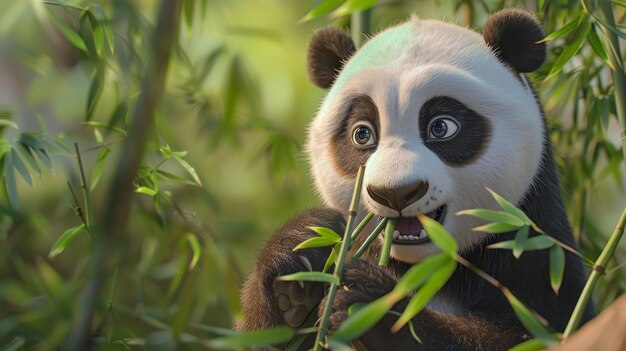 Un adorable ours panda mâchant des pousses de bambou rendu en résolution K illustration générée par l'IA