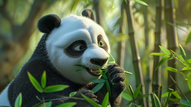 Un adorable ours panda mâchant des pousses de bambou rendu en résolution K illustration générée par l'IA