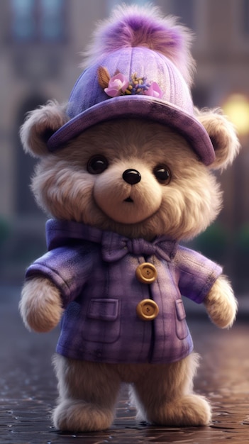 Adorable ours en peluche portant un bonnet violet généré par l'IA