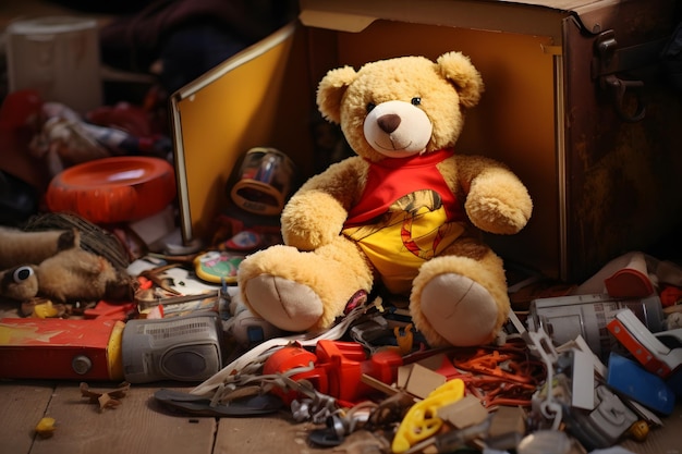 Photo l'adorable ours en peluche prêt pour l'aventure dans une valise emballée avec l'essentiel du voyage ia générative