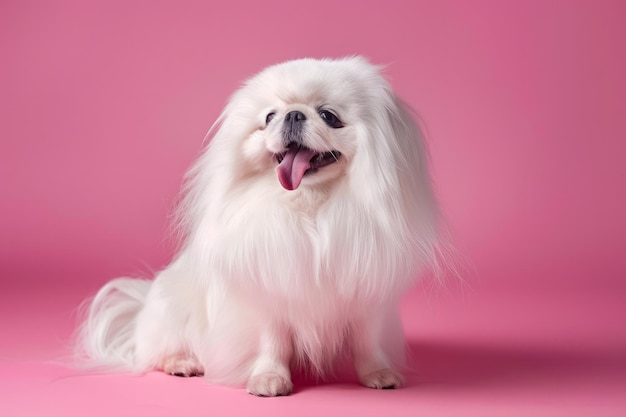 Adorable Pekingese blanc et moelleux posant avec un sourire sur un fond rose doux parfait pour un animal de compagnie