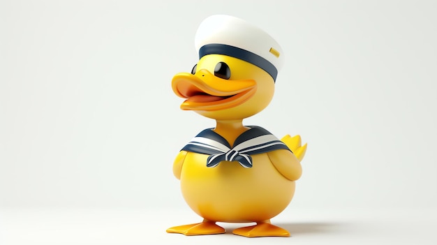 Adorable personnage de canard 3D habillé en marin portant un costume de marin classique avec un chapeau charmant sur un fond blanc propre Parfait pour les dessins ou projets nautiques avec