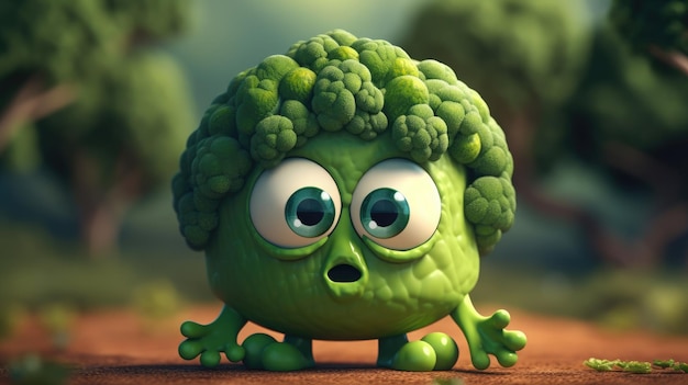 Adorable personnage de dessin animé de brocoli aux yeux expressifs