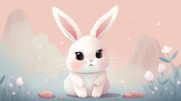 Adorable personnage de dessin animé de lapin sur fond pastel