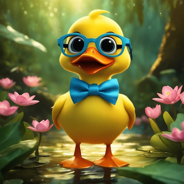 Un adorable petit canard de dessin animé jaune portant un papillon bleu et des lunettes à bord noir