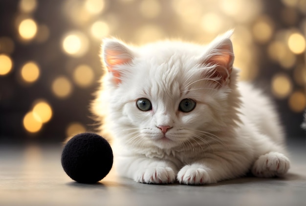 Adorable petit chat blanc moelleux jouant avec une bannière de papier peint boule de laine noire avec texte d'espace de copie