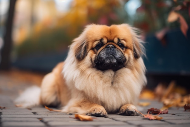 Adorable petit chien pékinois au gingembre moelleux avec un long corps jouant à l'extérieur