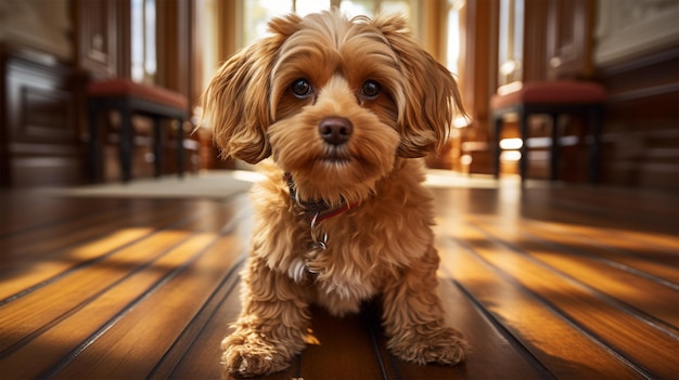 Adorable petit chien sur un plancher de bois franc générative ai