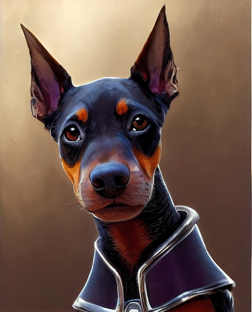 Photo adorable petit chiot doberman pinscher en tant qu'aventurier de dessin animé